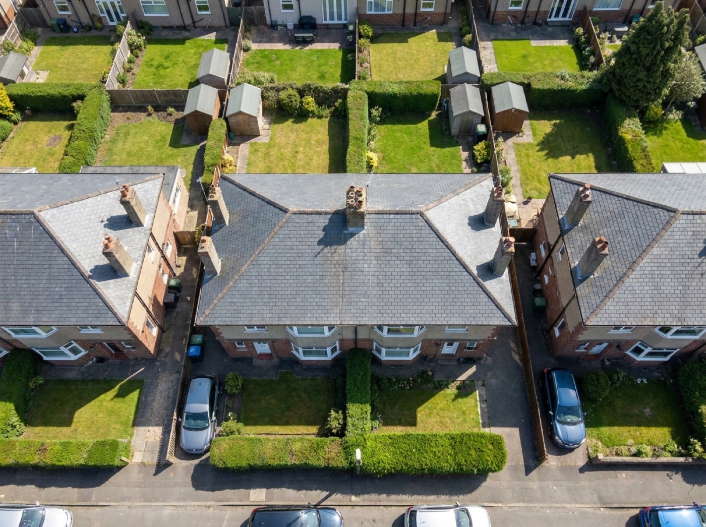 Aerial photo of a semi-detached house in Leeds with its main roof outlined and eight solar panels marked on the front slope