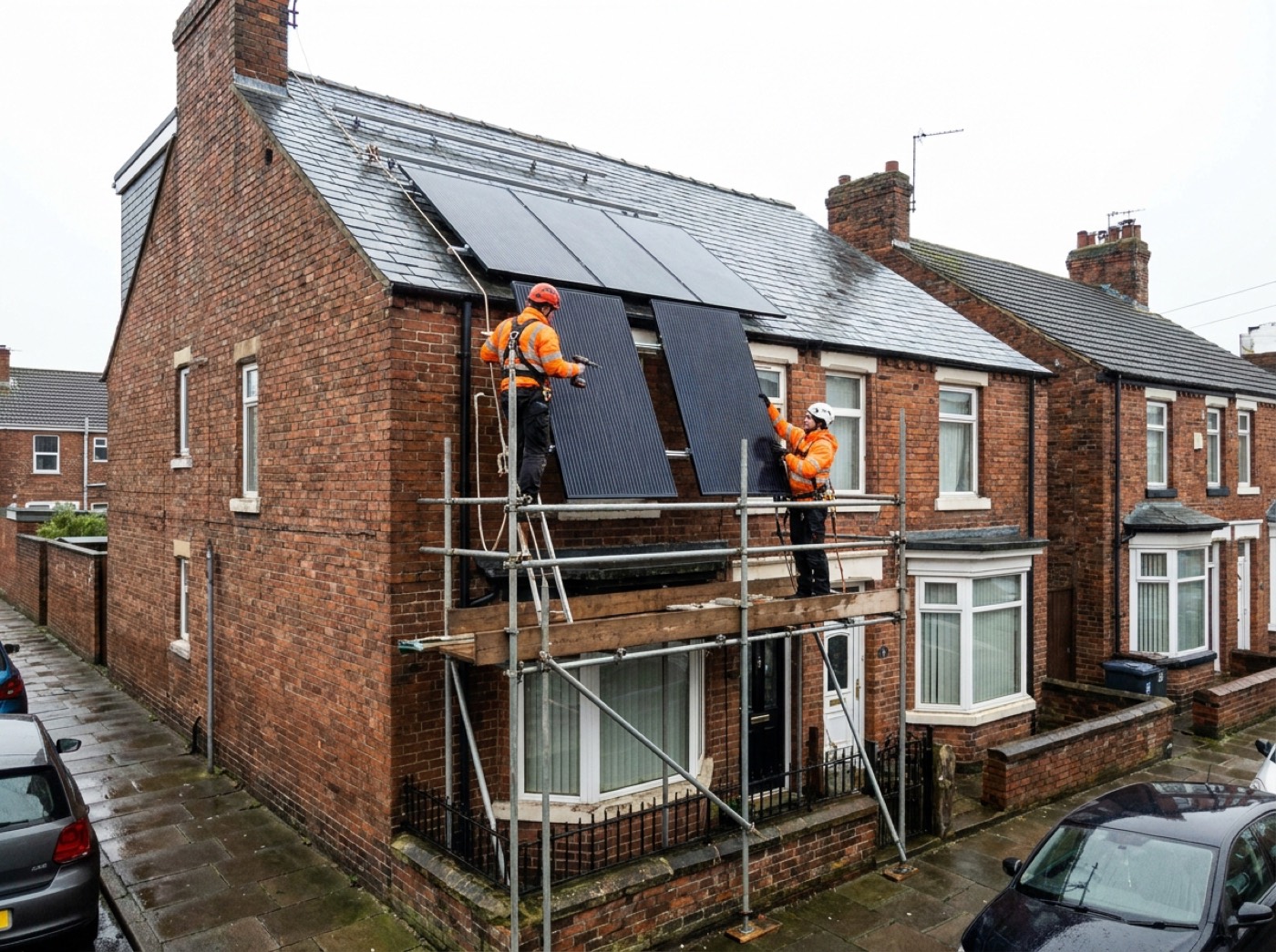 Two installers on scaffolding fitting panels to the roof of a brick end-terrace