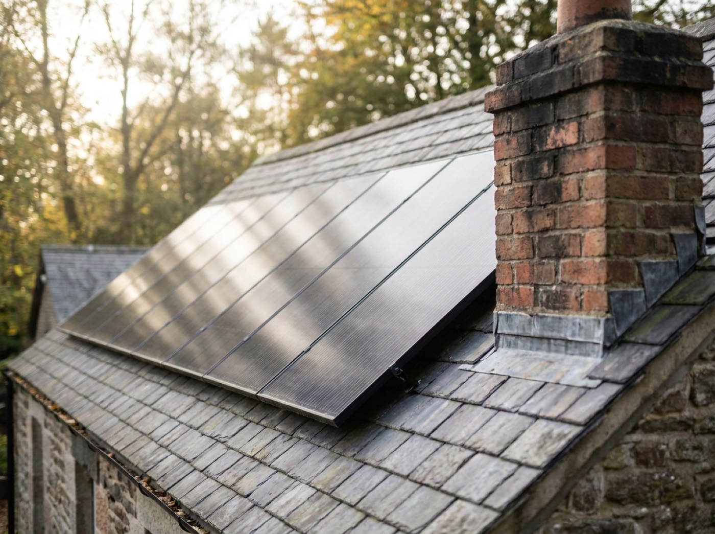 Black solar panels on a south-facing slate roof beside a brick chimney, nothing shading them