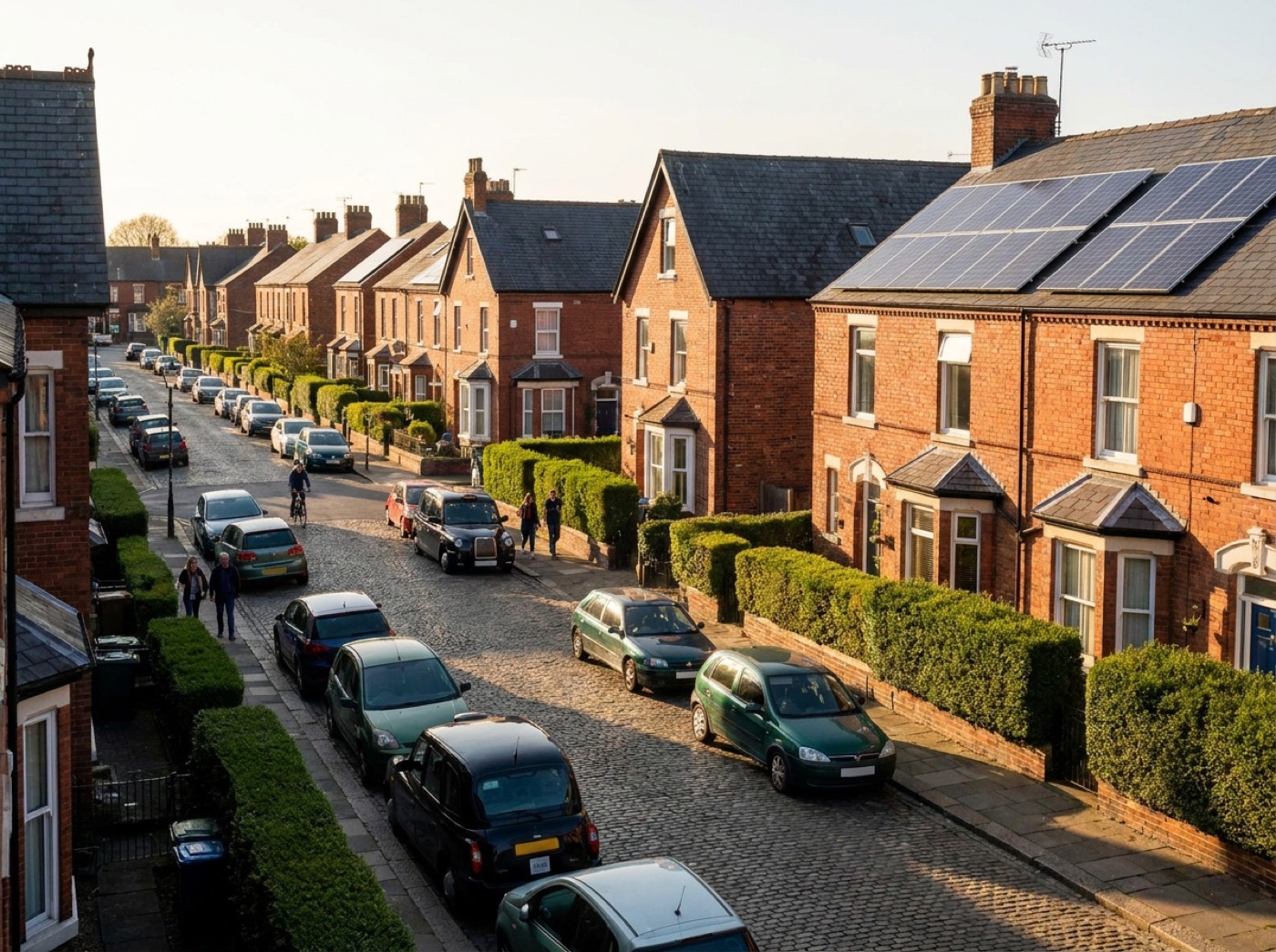 A terraced street in evening light; one east-facing and one west-facing roof slope are traced
